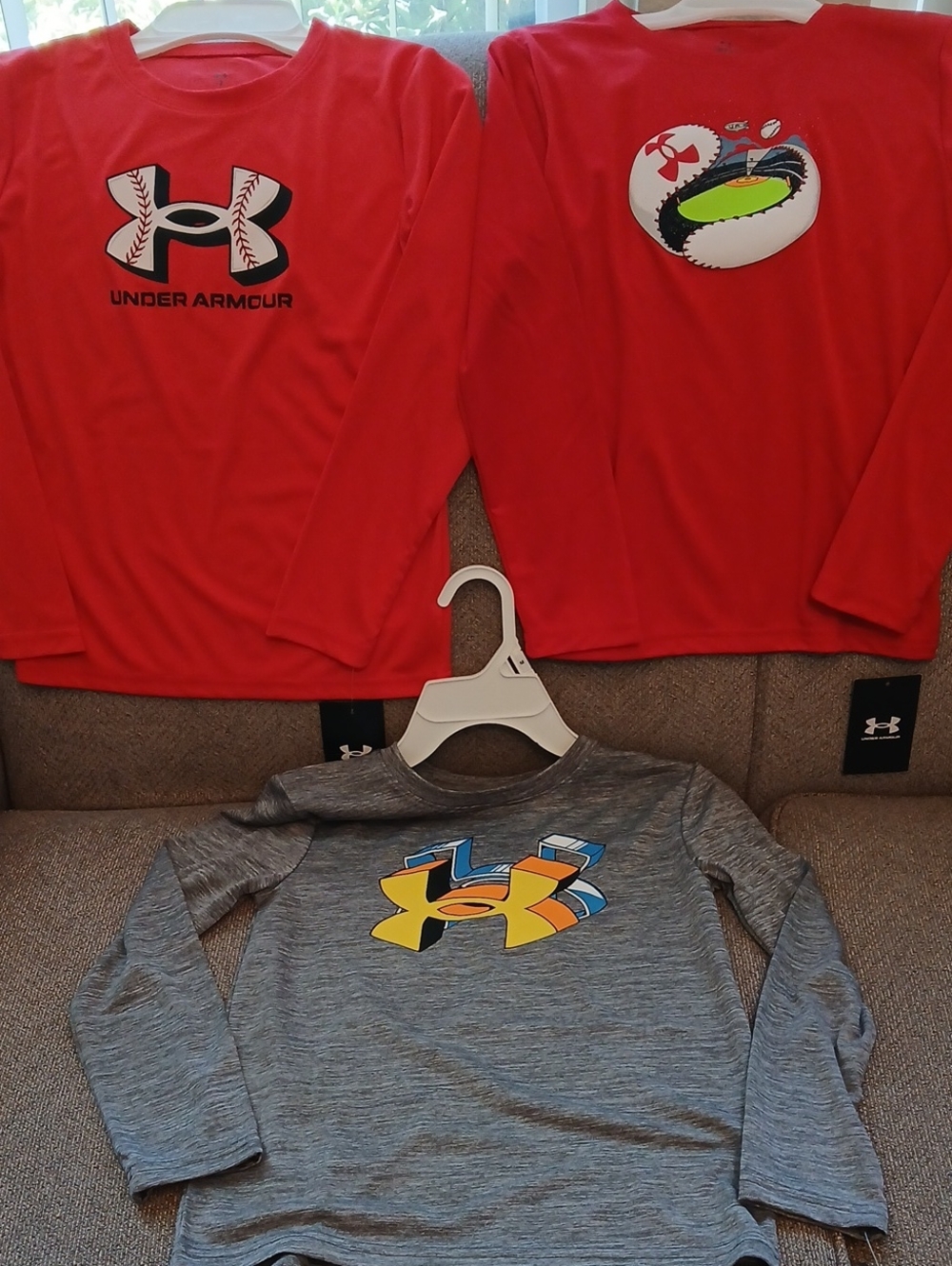 NWT Set of 3 Boy's Under Armour Long Sleeve Shirts, Baseball, Red, Gray, Size 7